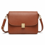 Bolso bandolera marrón de cuero sintético con broche metálico.
