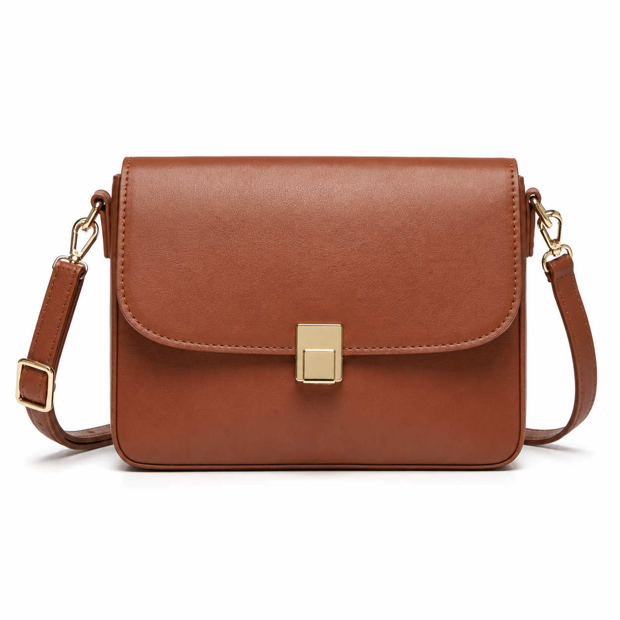 Bolso bandolera marrón de cuero sintético con broche metálico.