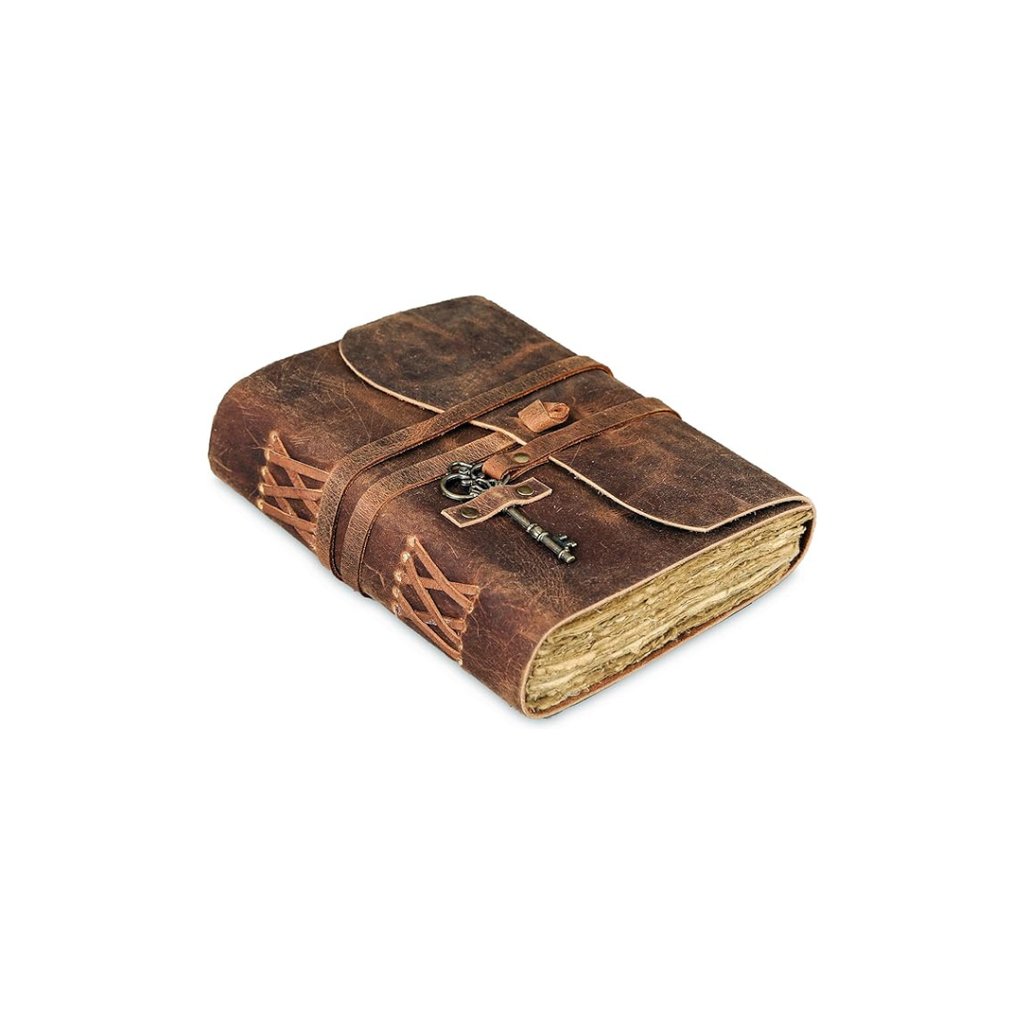 Cuaderno de cuero vintage con llave decorativa – diario artesanal compacto con cierre