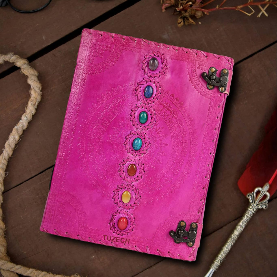 Cuaderno de cuero grande con diseño de chakras – diario artesanal de escritura y dibujo