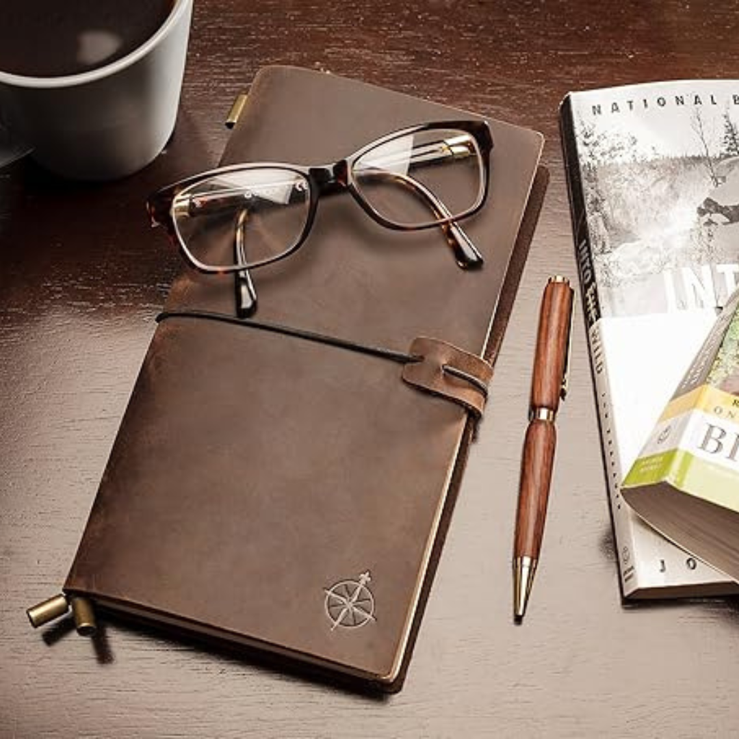 Cuaderno viajero de cuero recargable artesanal – diario de viaje con formato alargado