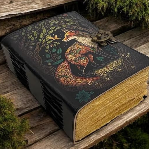 Cuaderno de cuero artesanal con diseño de zorro – diario vintage compacto grabado