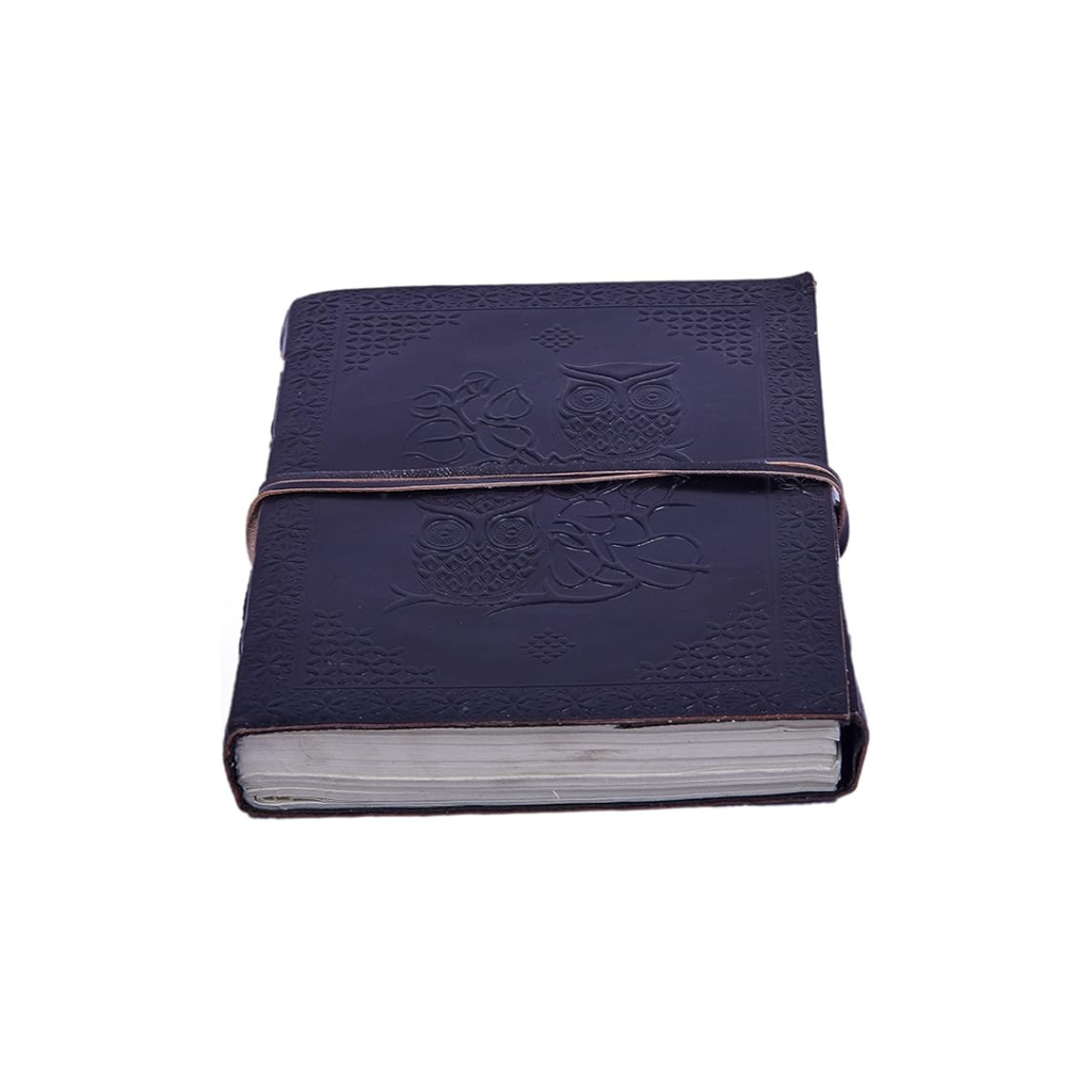 Cuaderno de cuero con búho grabado – diario artesanal grande con diseño en relieve