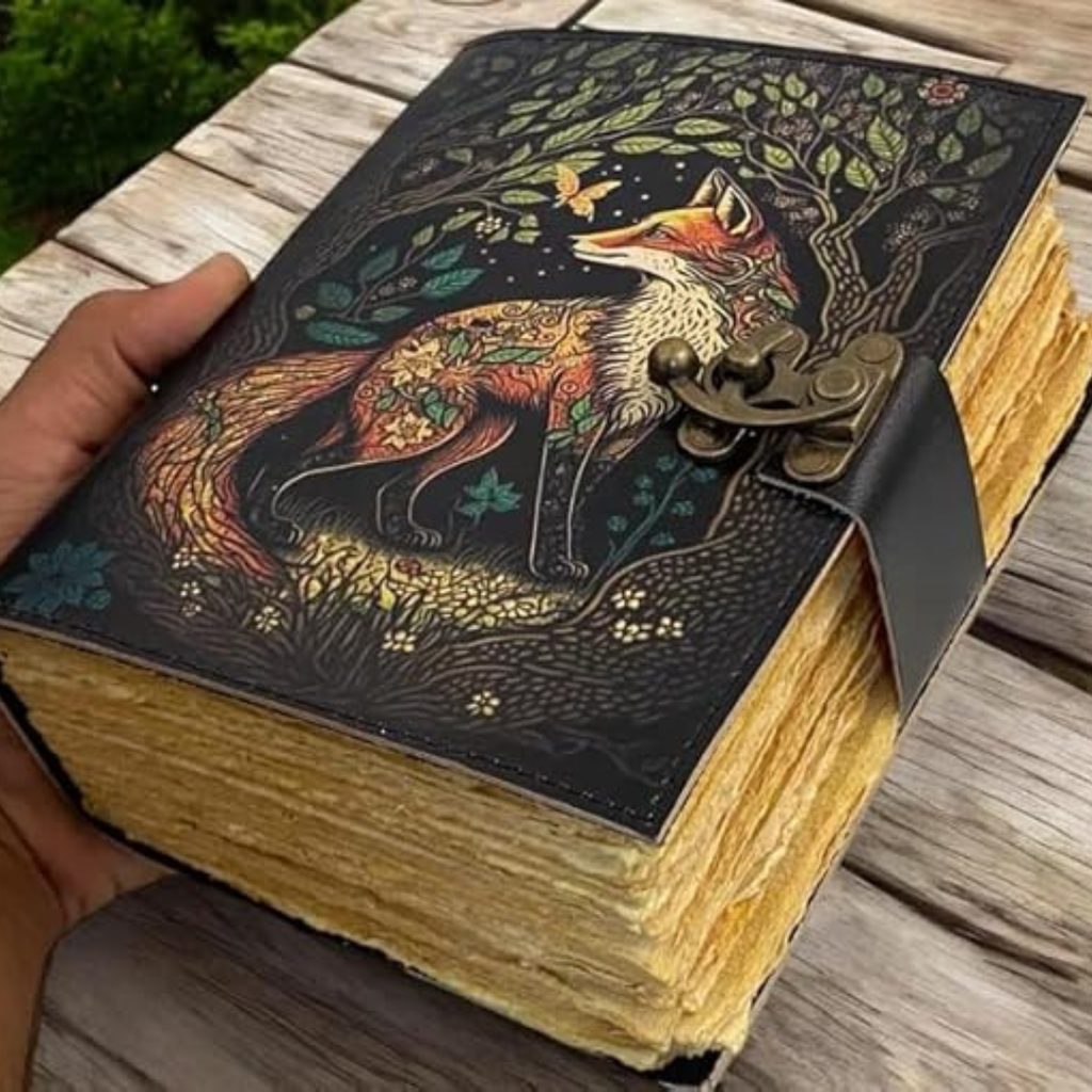 Cuaderno de cuero artesanal con diseño de zorro – diario vintage compacto grabado