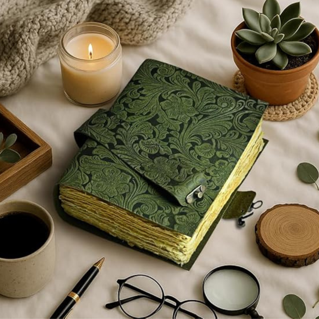 Cuaderno de cuero vintage con flores grabadas – diario artesanal compacto con diseño floral en relieve