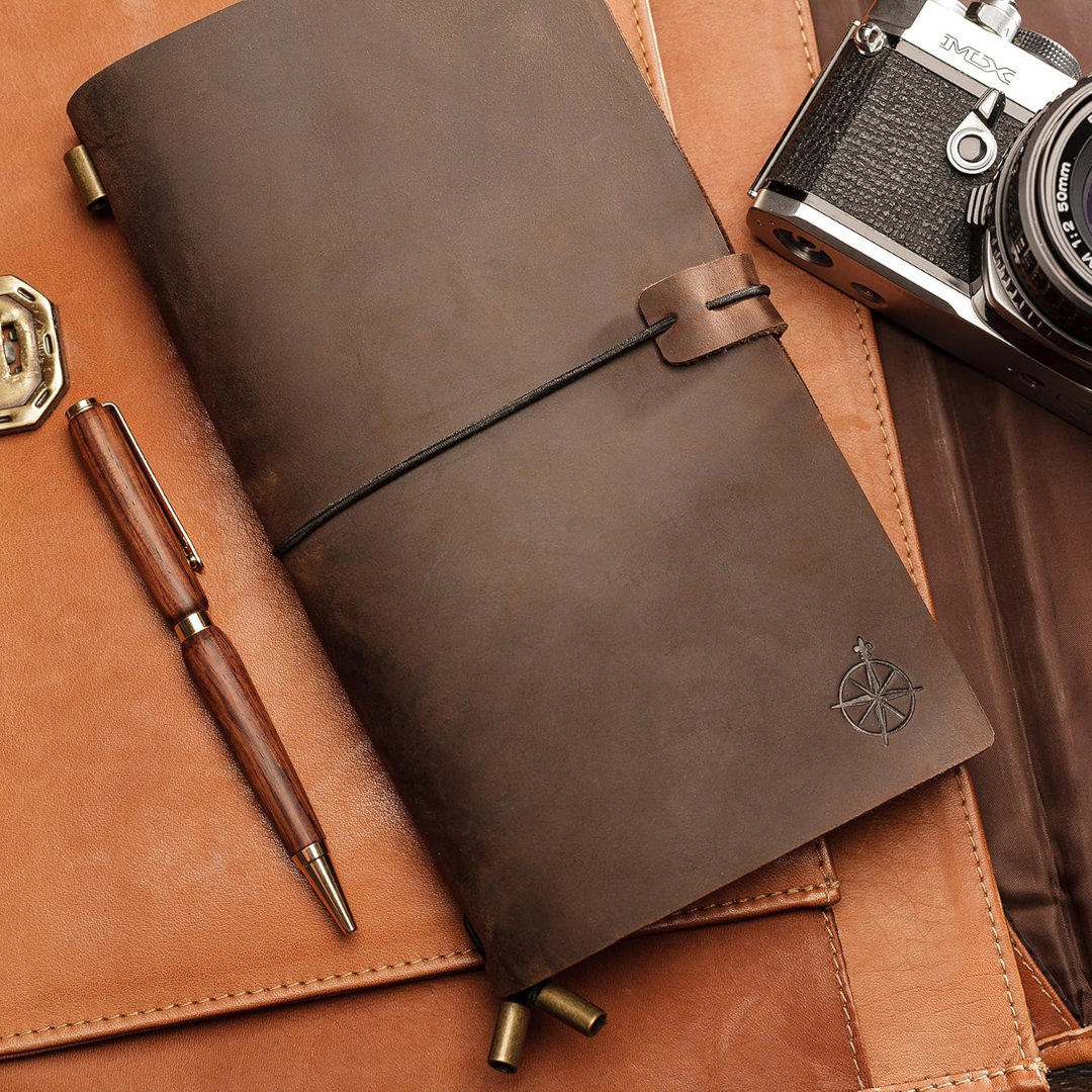 Cuaderno viajero de cuero recargable artesanal – diario de viaje con formato alargado