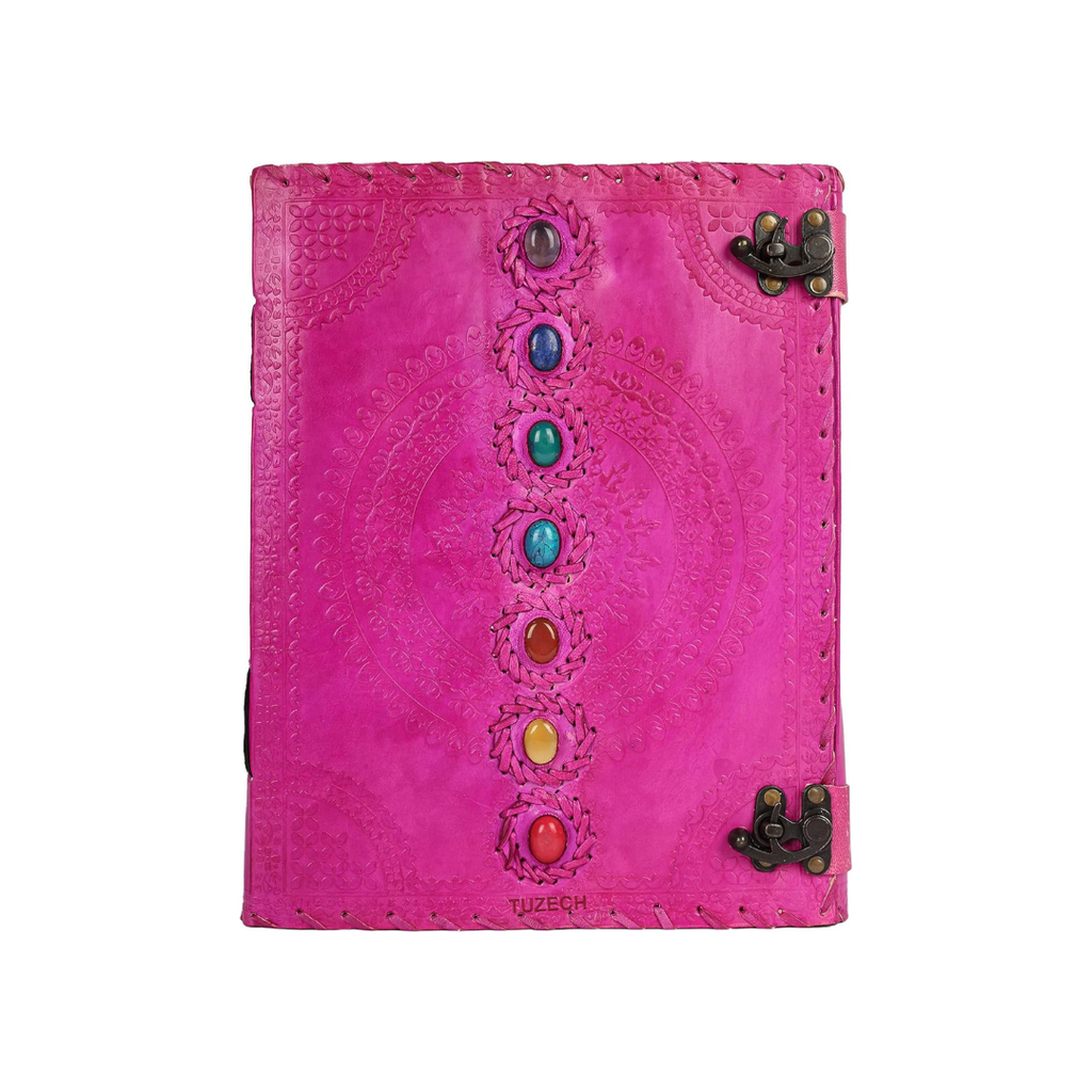 Cuaderno de cuero grande con diseño de chakras – diario artesanal de escritura y dibujo