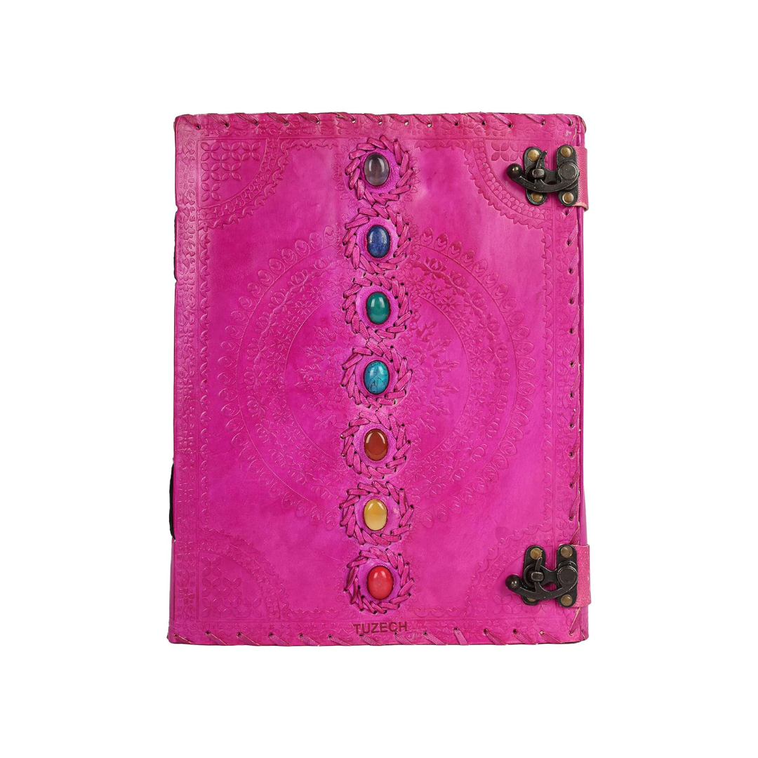 Cuaderno de cuero grande con diseño de chakras – diario artesanal de escritura y dibujo