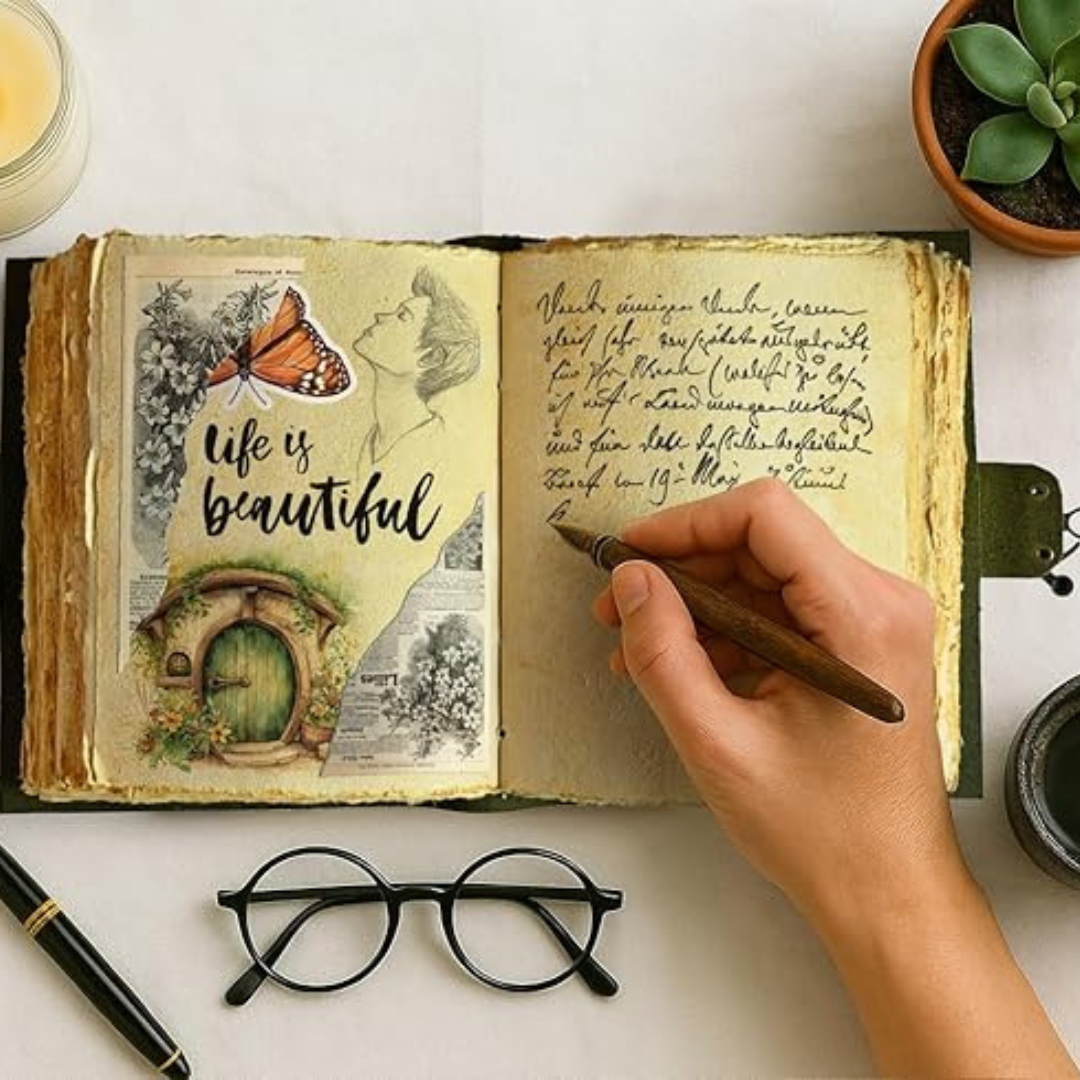 Cuaderno de cuero vintage con flores grabadas – diario artesanal compacto con diseño floral en relieve