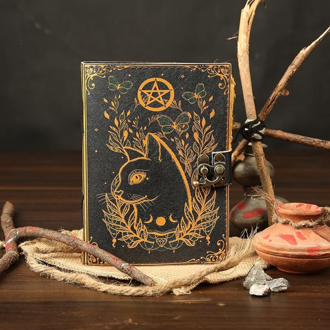 Cuaderno místico de cuero con grabado de gato – diario artesanal vintage de escritura