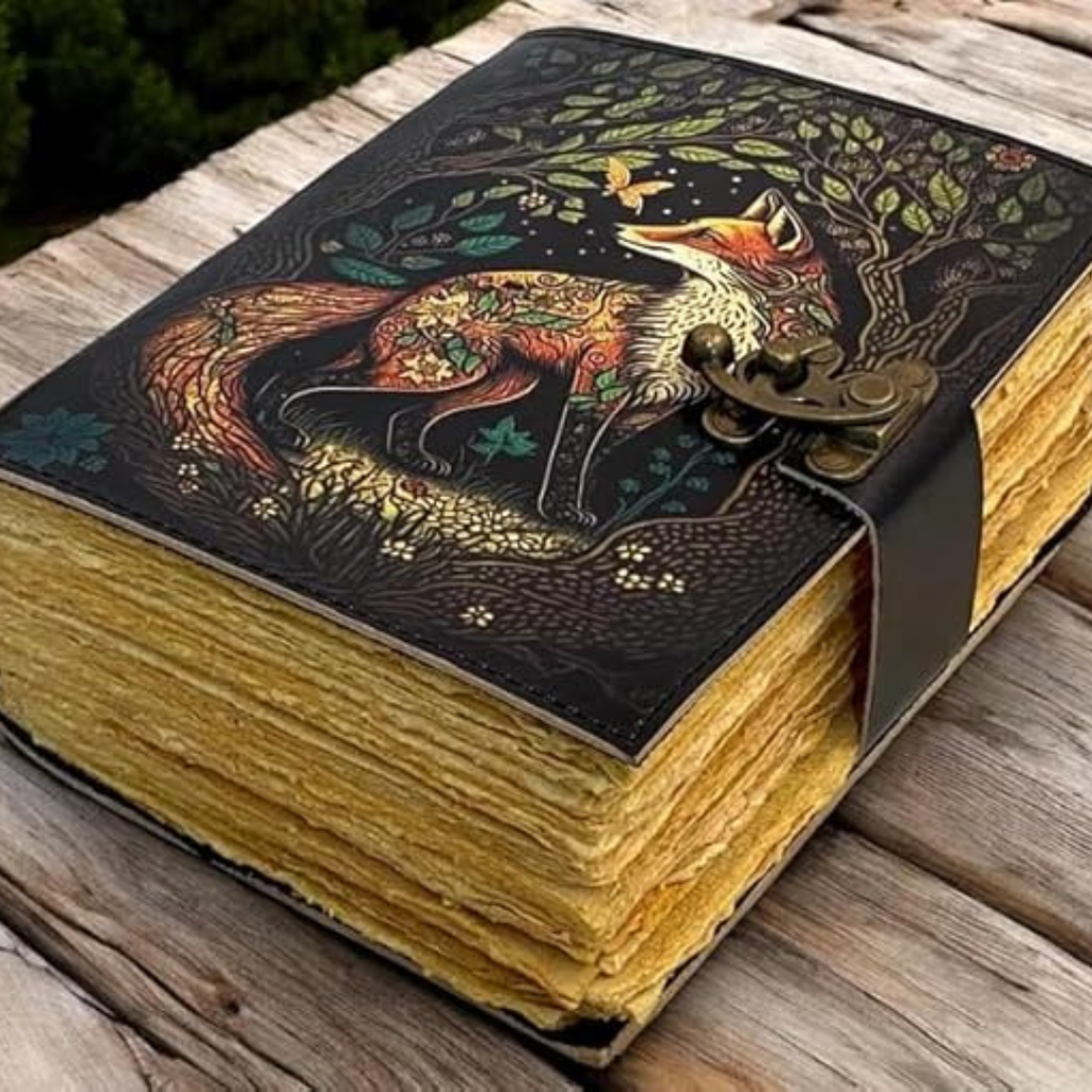 Cuaderno de cuero artesanal con diseño de zorro – diario vintage compacto grabado