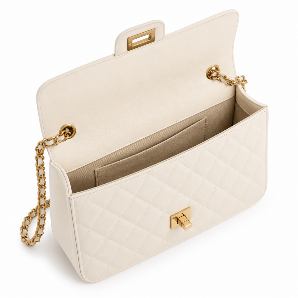 Bolso crema con diseño acolchado.