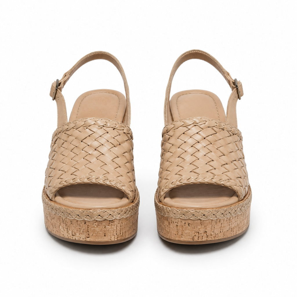Sandalias de cuña de cuero tejido beige vista frontal