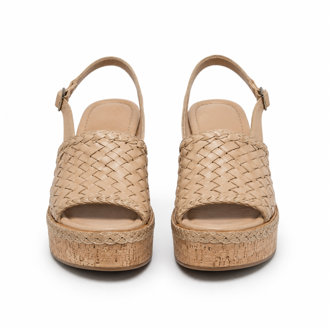 Sandalias de cuña de cuero tejido beige vista frontal