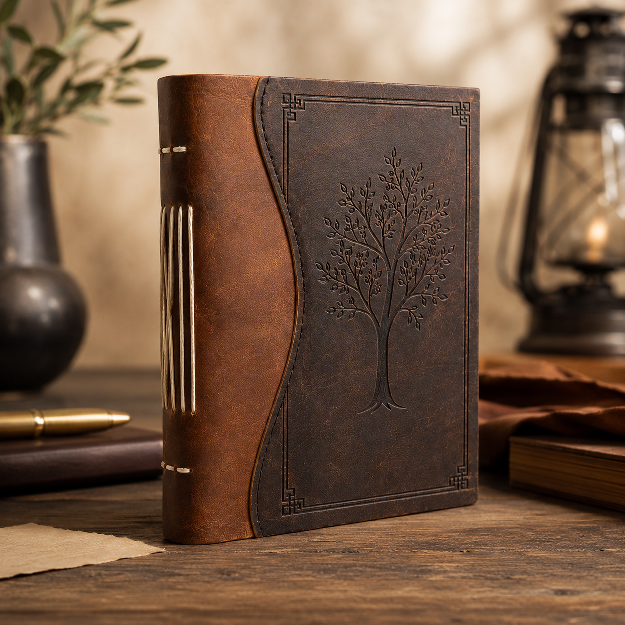 Cuaderno Vintage Artesanal con Árbol Grabado y Encuadernación Cosida