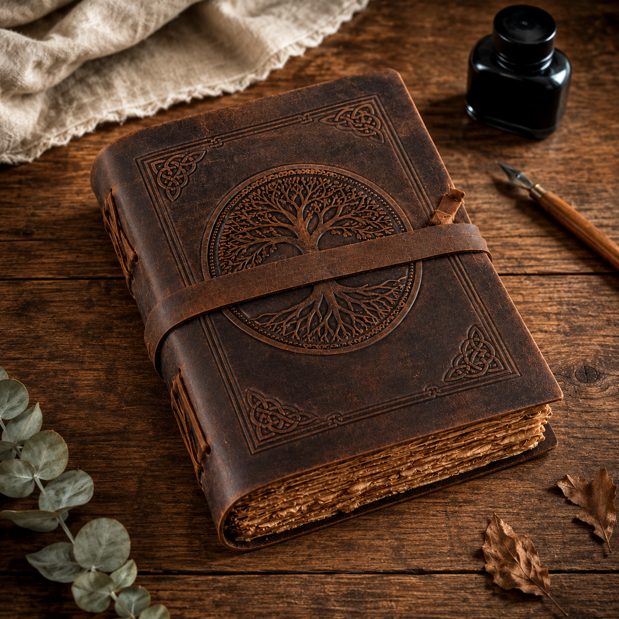 Cuaderno Vintage Artesanal con Árbol de la Vida Grabado y Cierre Envolvente