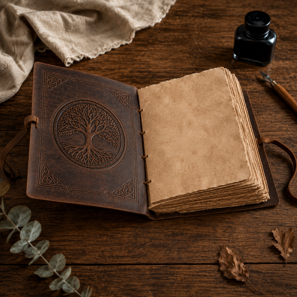 Cuaderno Vintage Artesanal con Árbol de la Vida Grabado y Cierre Envolvente