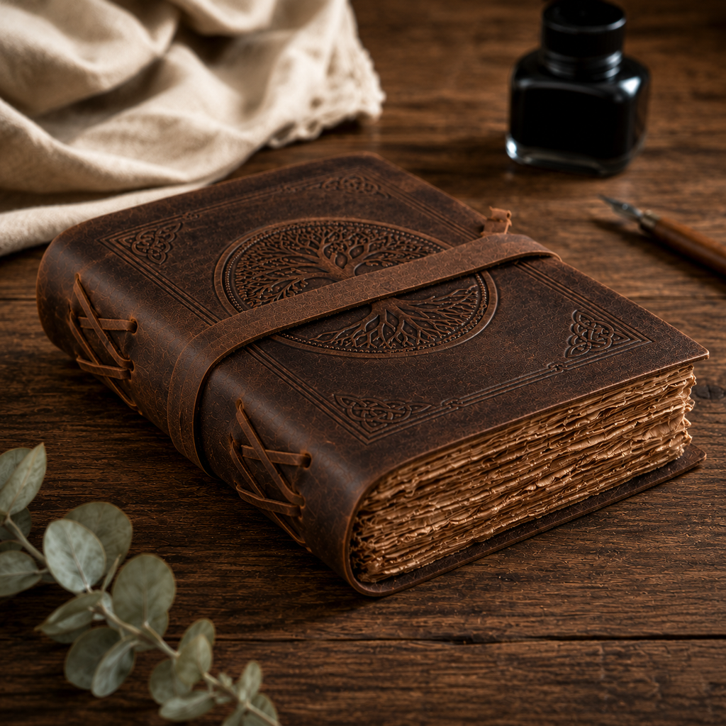 Cuaderno Vintage Artesanal con Árbol de la Vida Grabado y Cierre Envolvente