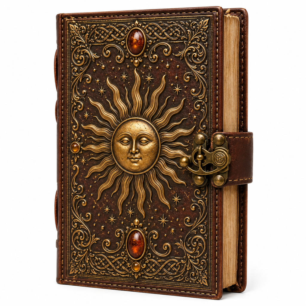 Cuaderno Místico Sol Celestial con Gemas Ámbar y Cierre Metálico Vintage