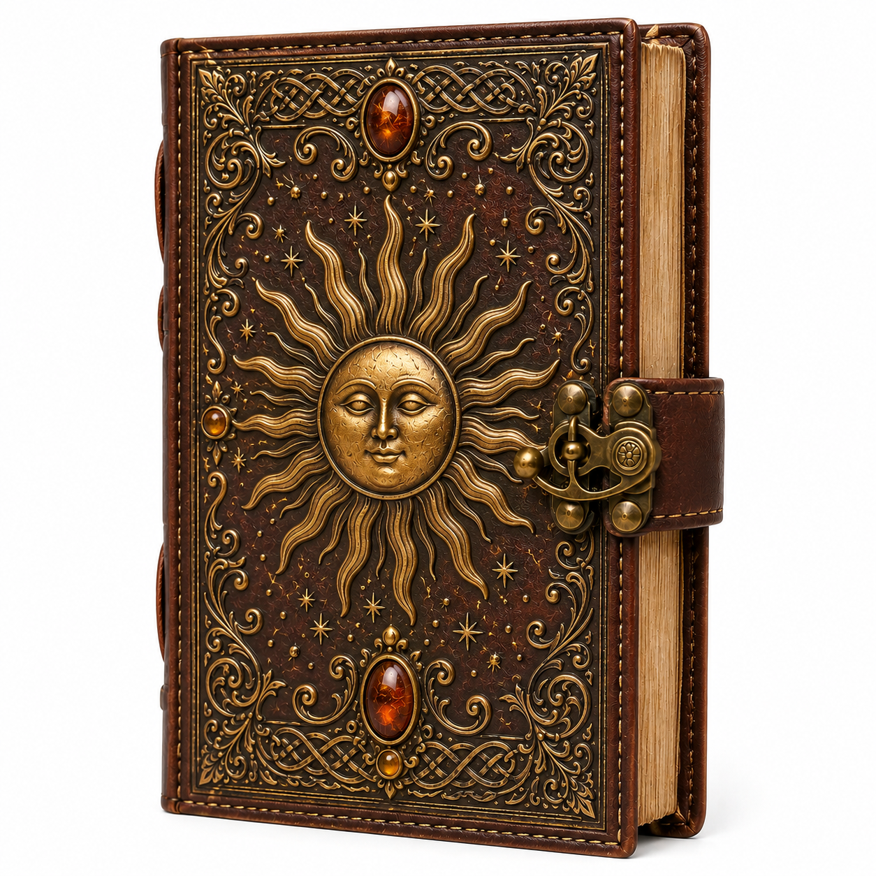 Cuaderno Místico Sol Celestial con Gemas Ámbar y Cierre Metálico Vintage