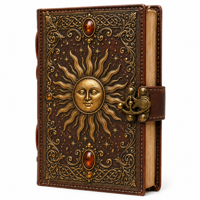 Cuaderno Místico Sol Celestial con Gemas Ámbar y Cierre Metálico Vintage