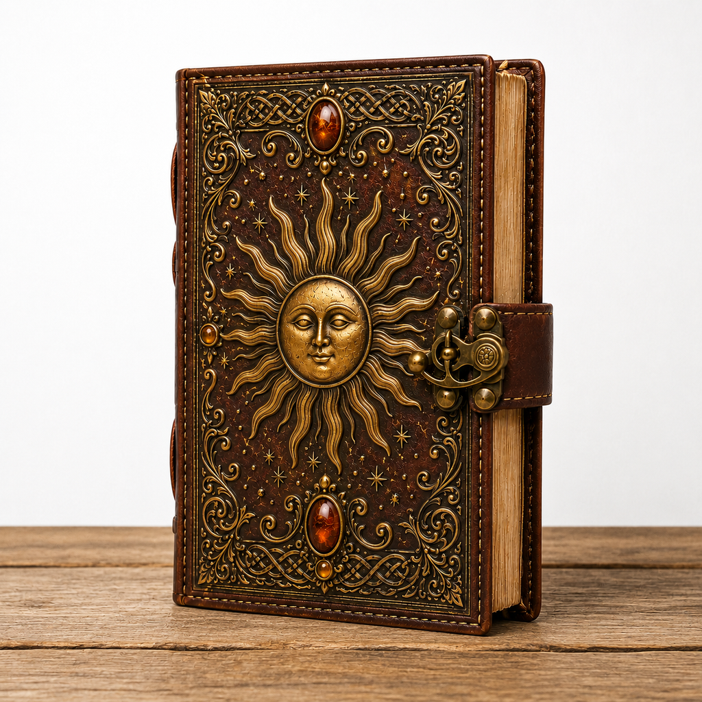 Cuaderno Místico Sol Celestial con Gemas Ámbar y Cierre Metálico Vintage
