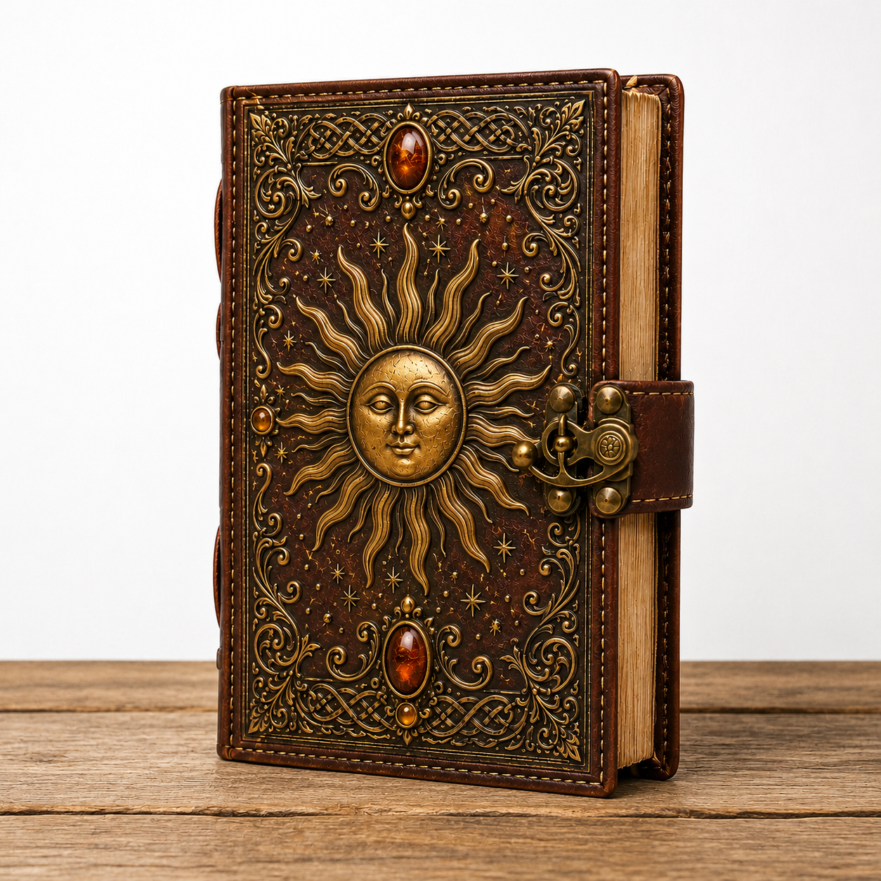 Cuaderno Místico Sol Celestial con Gemas Ámbar y Cierre Metálico Vintage