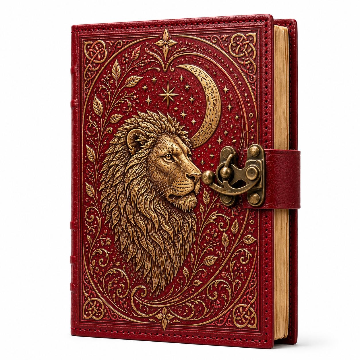 Cuaderno Místico León Celestial con Luna Dorada y Cierre Metálico Vintage