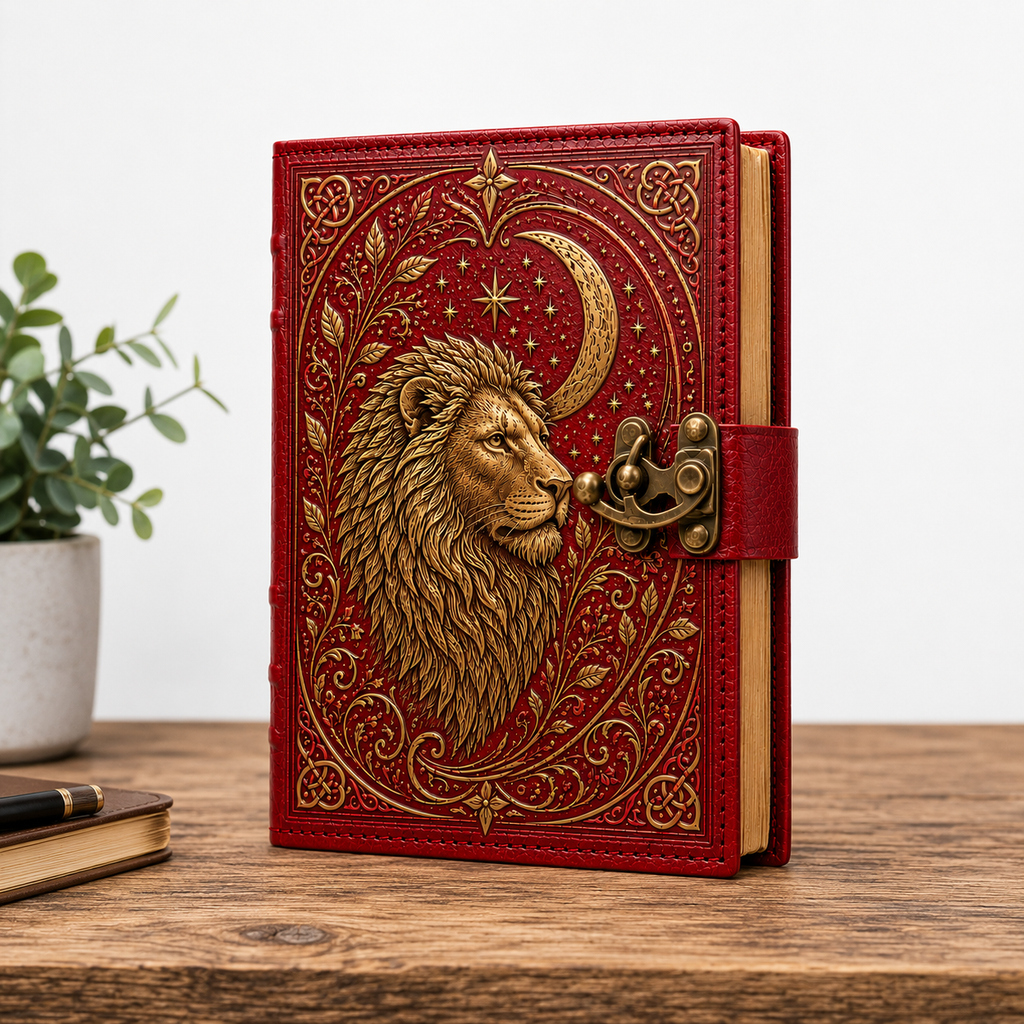Cuaderno Místico León Celestial con Luna Dorada y Cierre Metálico Vintage