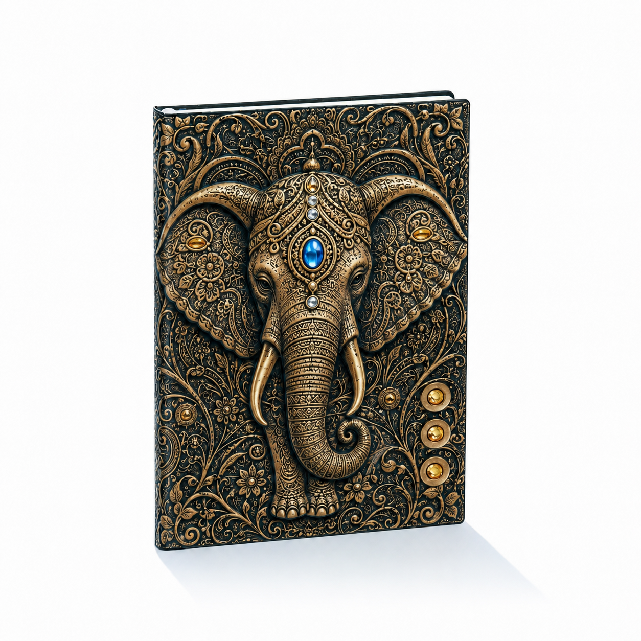 Cuaderno Místico Elefante Sagrado con Detalles Dorados y Piedra Azul Celestial