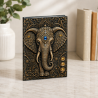 Cuaderno Místico Elefante Sagrado con Detalles Dorados y Piedra Azul Celestial