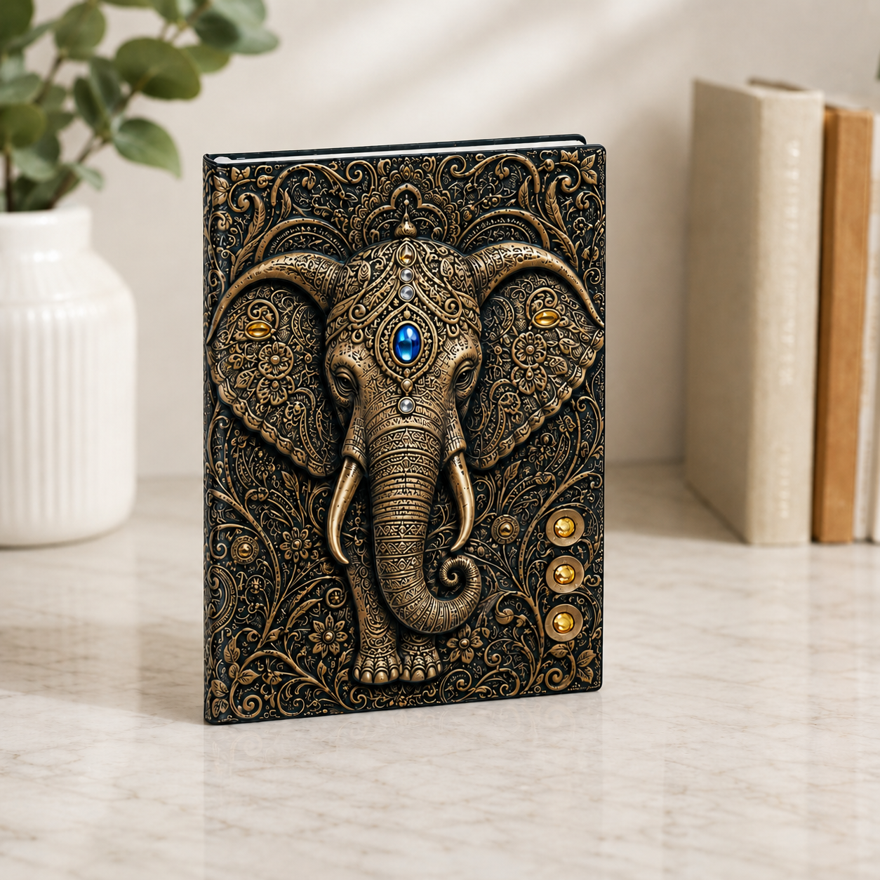 Cuaderno Místico Elefante Sagrado con Detalles Dorados y Piedra Azul Celestial