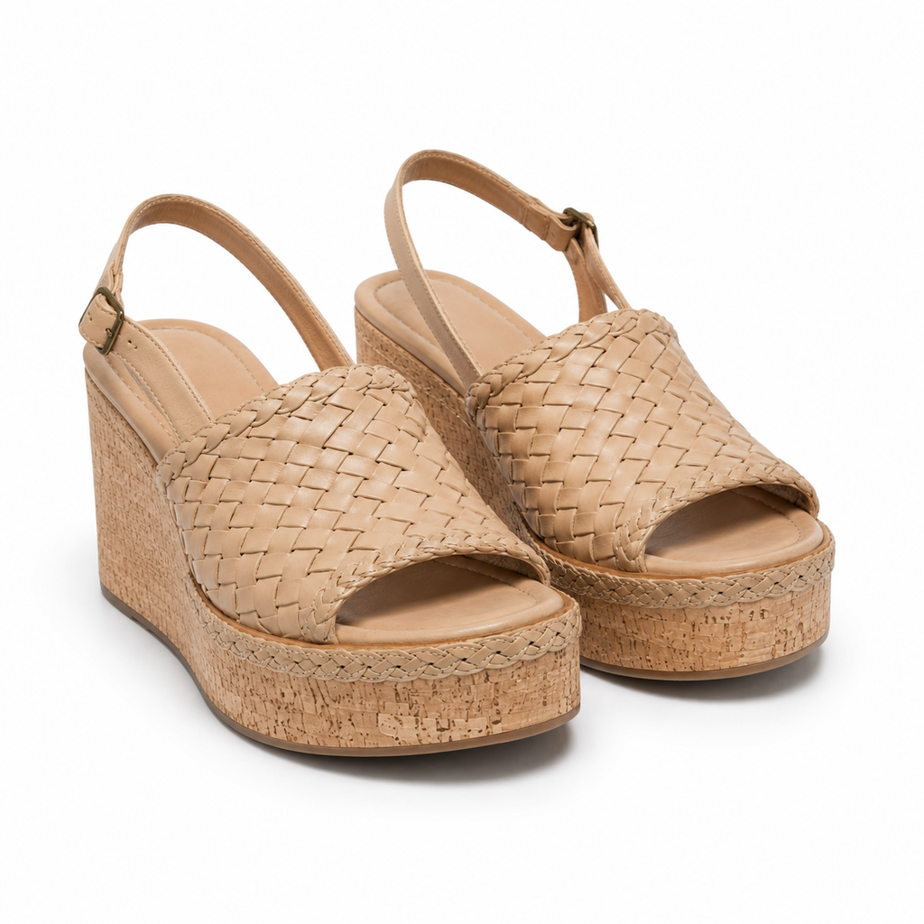 Detalle del tejido de cuero beige en sandalias