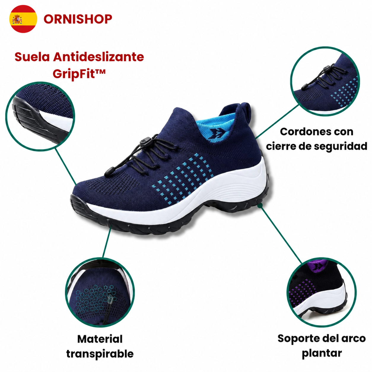 Detalle de la suela ergonómica de las zapatillas Orthofit que alivia presión en rodillas y caderas.