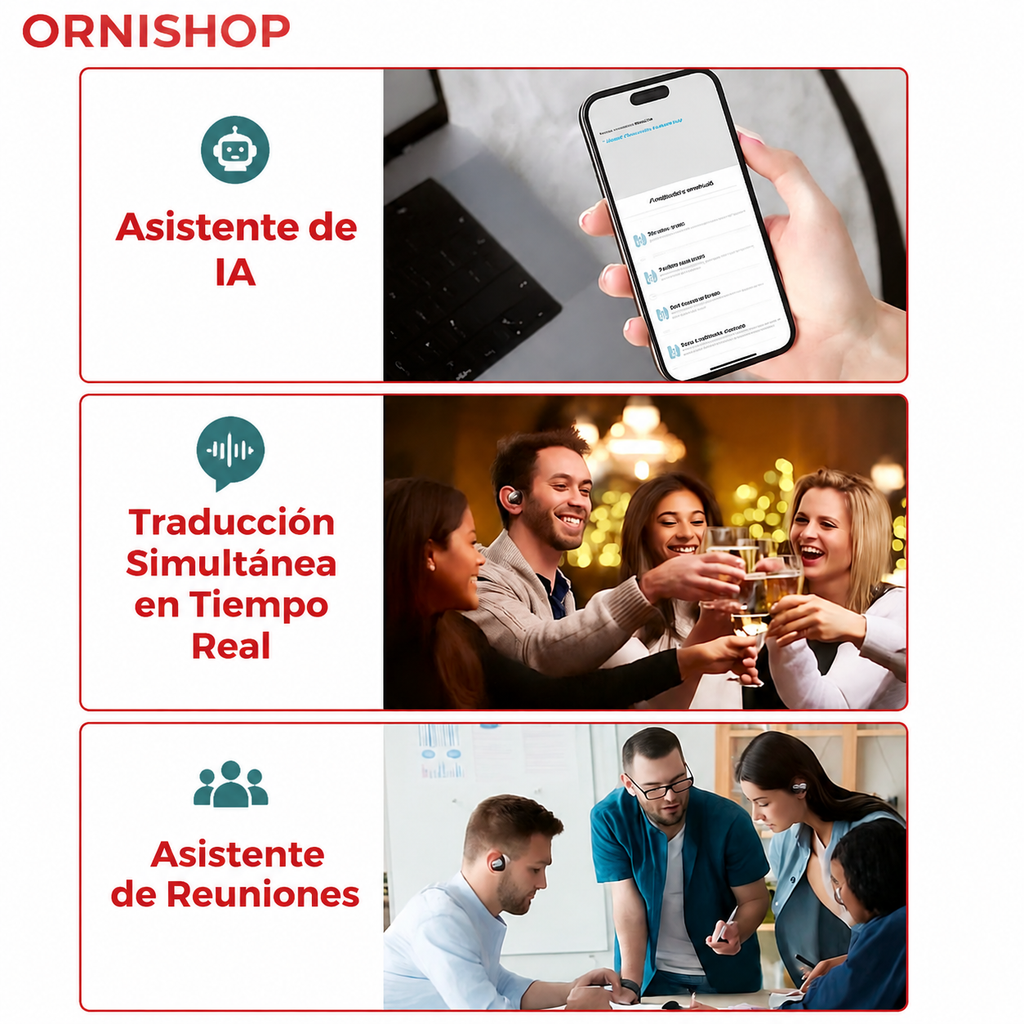 Vista completa del contenido del paquete de auriculares traductores