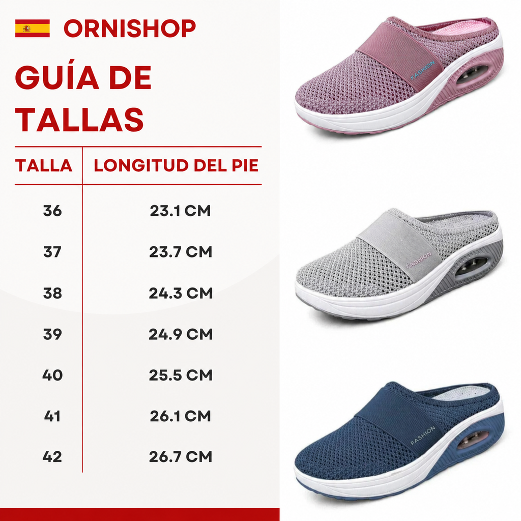 Vista completa de las zapatillas ortopédicas OrthoAir con todos sus beneficios visibles
