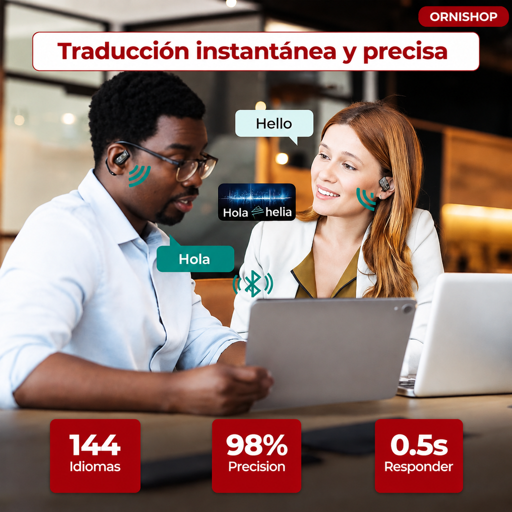 Auriculares traductores en color dorado sobre superficie elegante