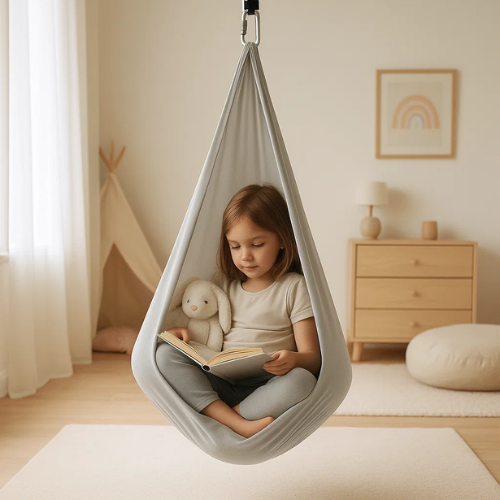 Hamaca sensorial interior para niños con autismo colgada en habitación infantil