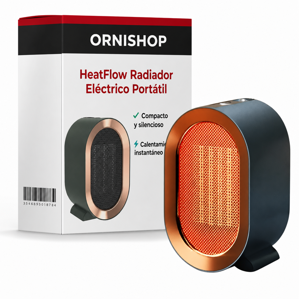 Radiador eléctrico portátil HeatFlow™ en color verde esmeralda con detalles en cobre, diseño compacto y elegante.