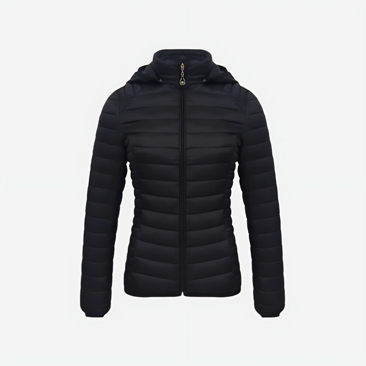 Chaqueta acolchada ultraligera para mujer ORNISHOP en color negro, vista frontal con cremallera y bolsillos laterales