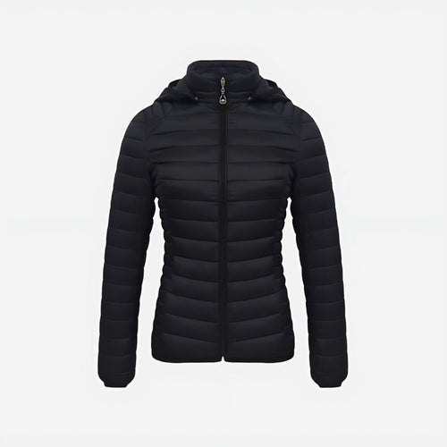 Chaqueta acolchada ultraligera para mujer ORNISHOP en color negro, vista frontal con cremallera y bolsillos laterales