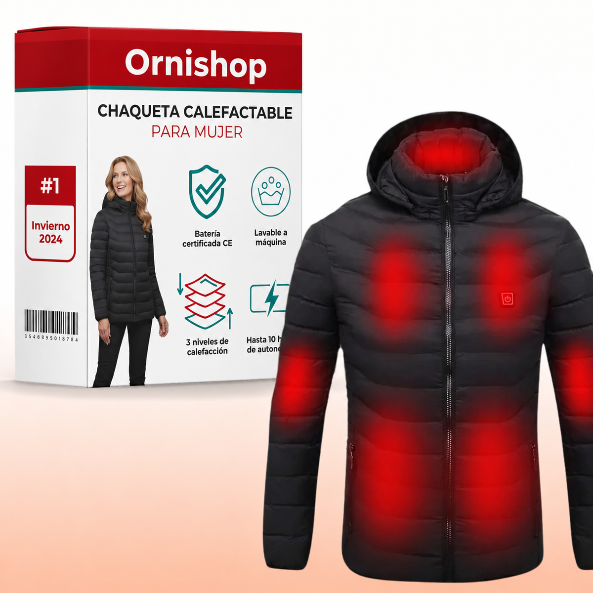 Chaqueta térmica con calefacción Ornishop X vista frontal con cremallera cerrada