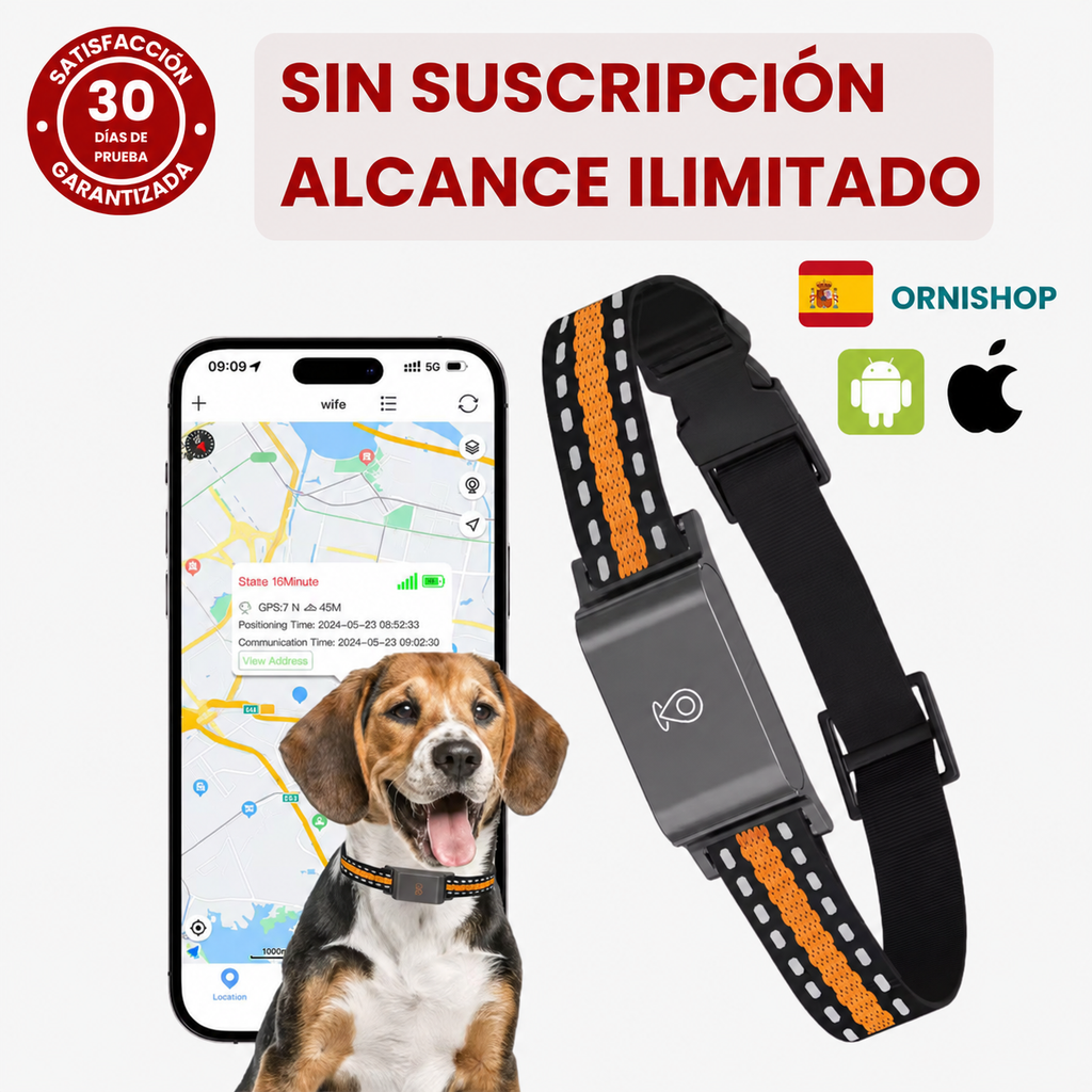 Localizador GPS para mascotas mostrando el dispositivo compacto con collar ajustable para perros y gatos