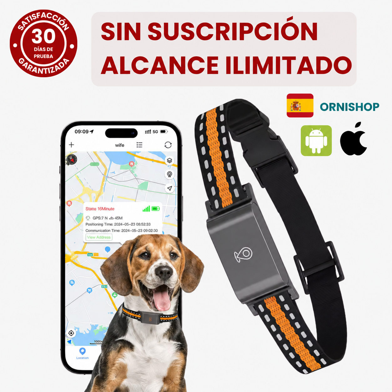 Localizador GPS para mascotas mostrando el dispositivo compacto con collar ajustable para perros y gatos