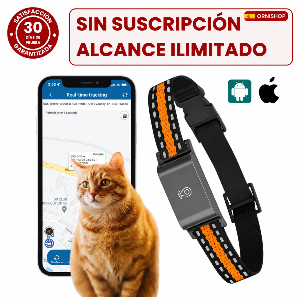 Localizador GPS para mascotas con collar ajustable, rastreo en tiempo real sin cuotas mensuales.