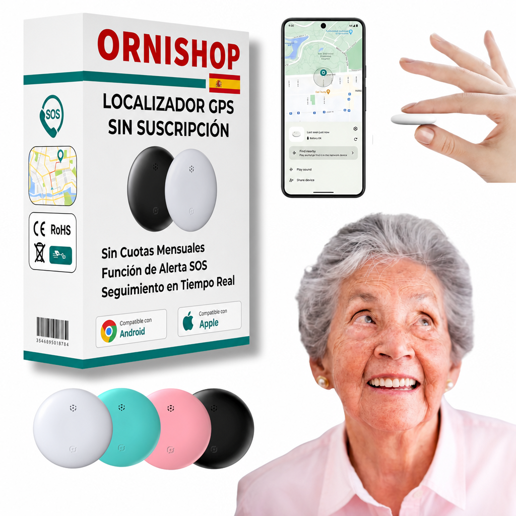 Rastreador GPS para personas mayores sin cuotas mensuales, compatible con iPhone y Android, diseño compacto y discreto.