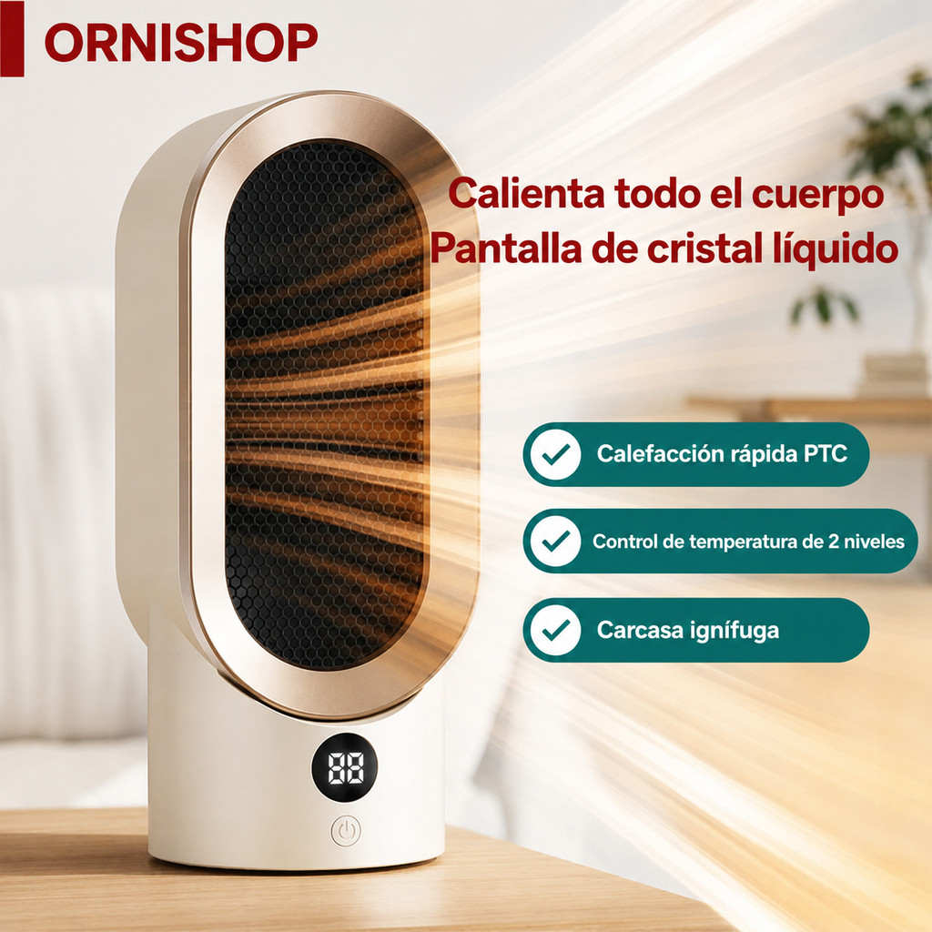 Calefactor portátil compacto con ventilador ORNISHOP, diseño moderno y eficiente para calentar espacios personales