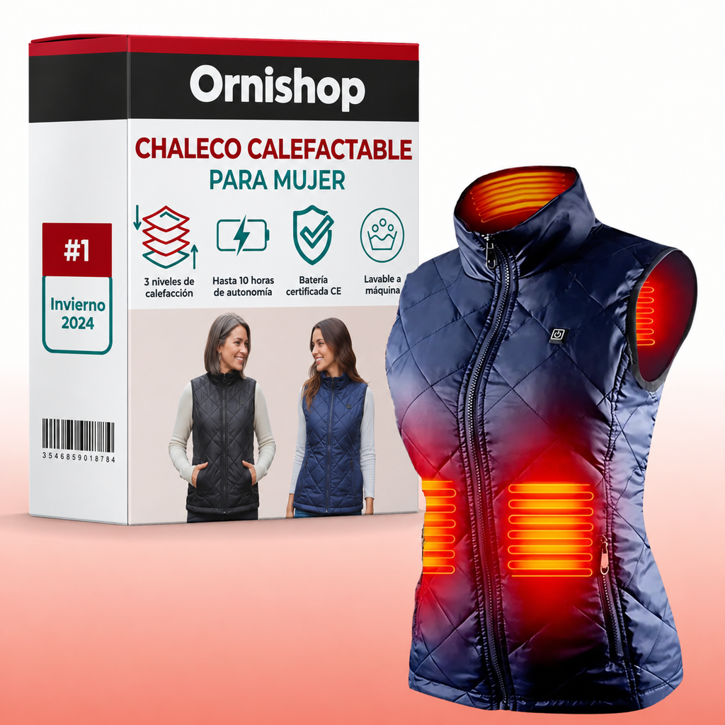 Chaleco térmico con calefacción Ornishop X en color negro, vista frontal completa del producto