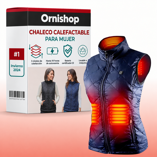 Chaleco térmico con calefacción Ornishop X en color negro, vista frontal completa del producto