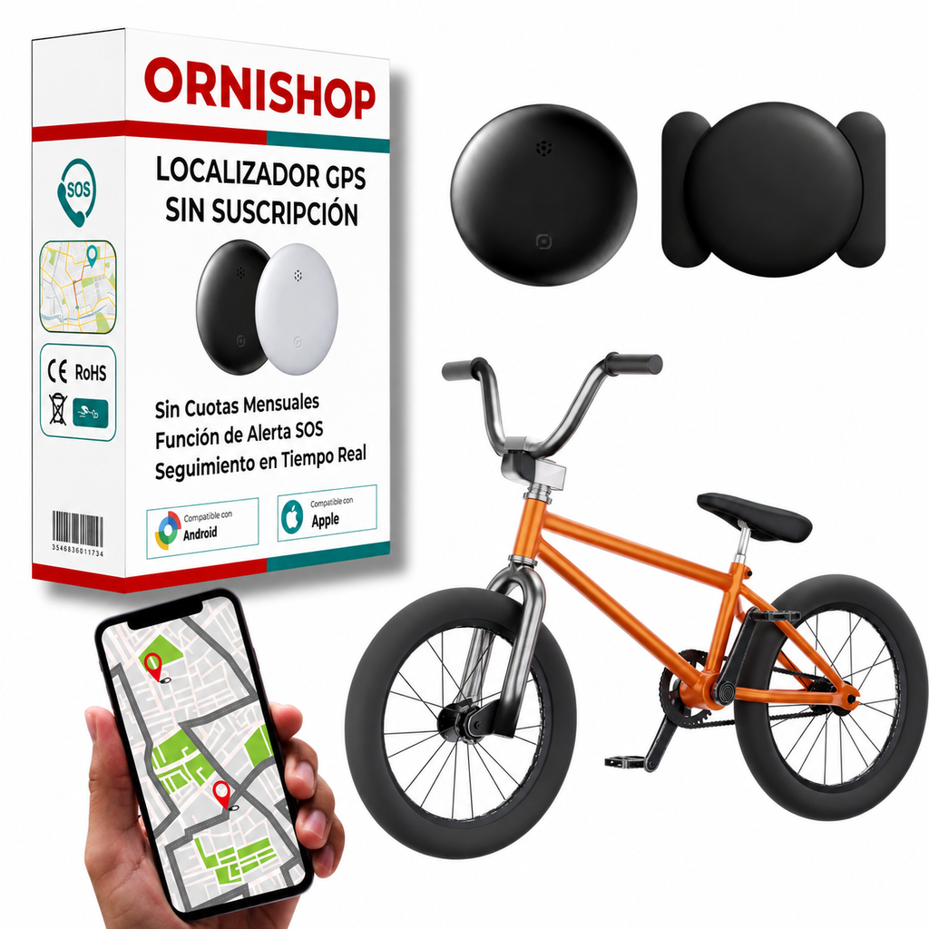 Rastreador GPS sin cuotas para bicicleta compatible con Apple y Android Find My sobre fondo blanco